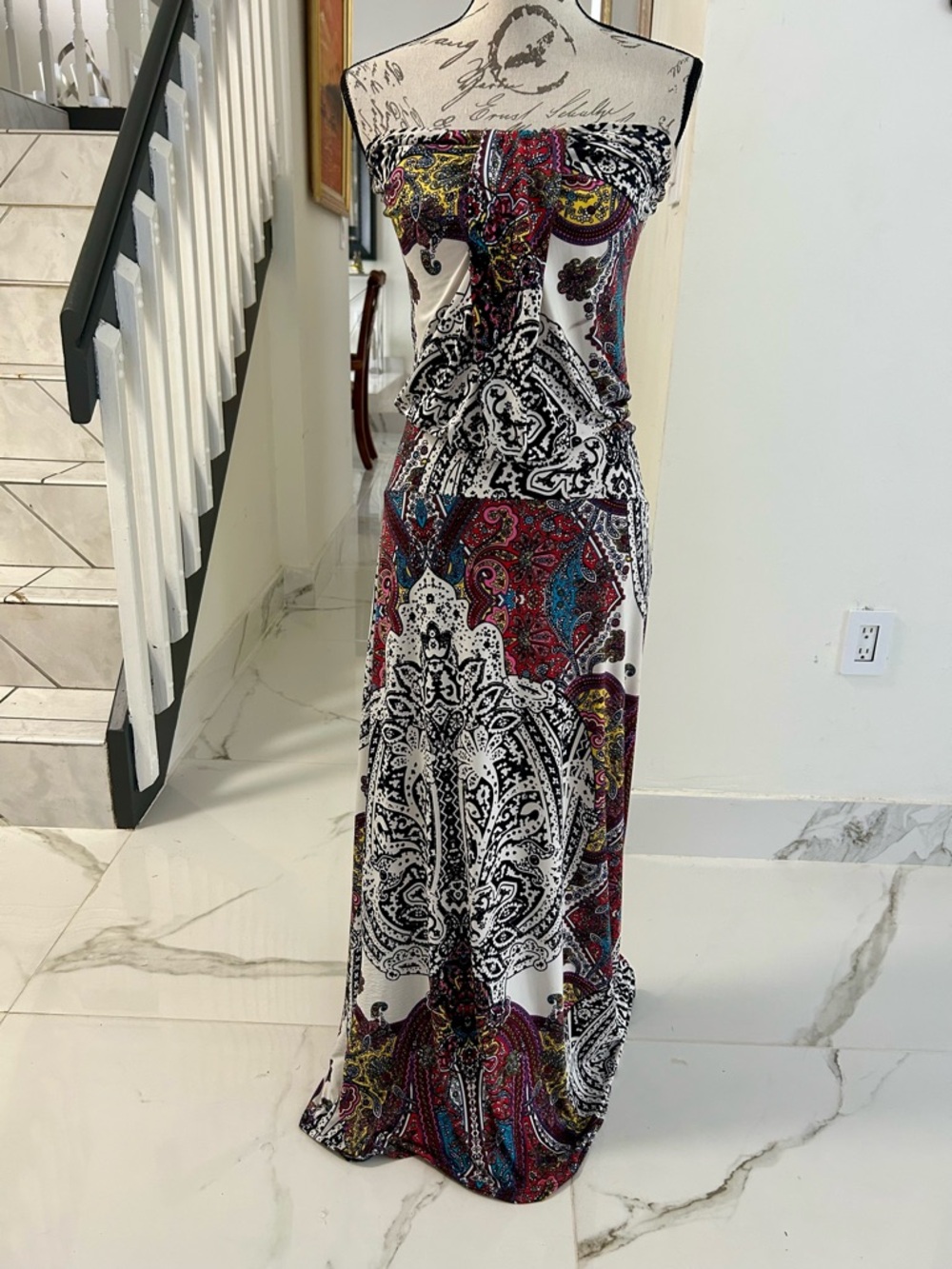 Strapless Paisley Print Maxi Dress - White with Multicolor Pattern Size S